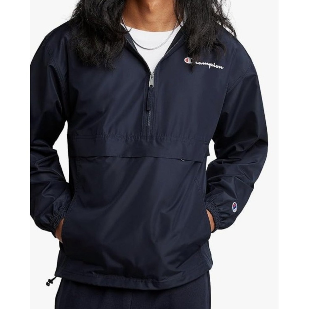 Champion Men L blue Packable Stadium Pullover hooded 1/2 zip Jacket windbreaker